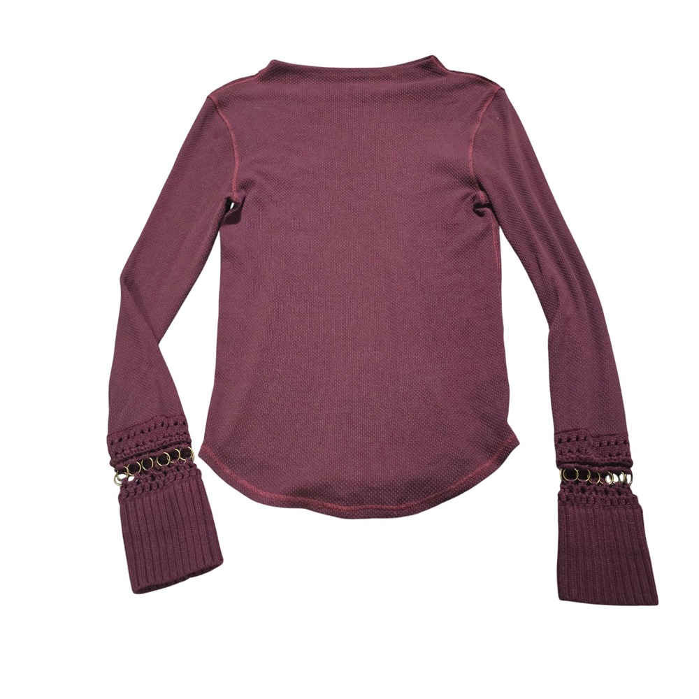Free People Thermal Top Women Large Burgundy Ring Detail Crochet Sleeve Waffle